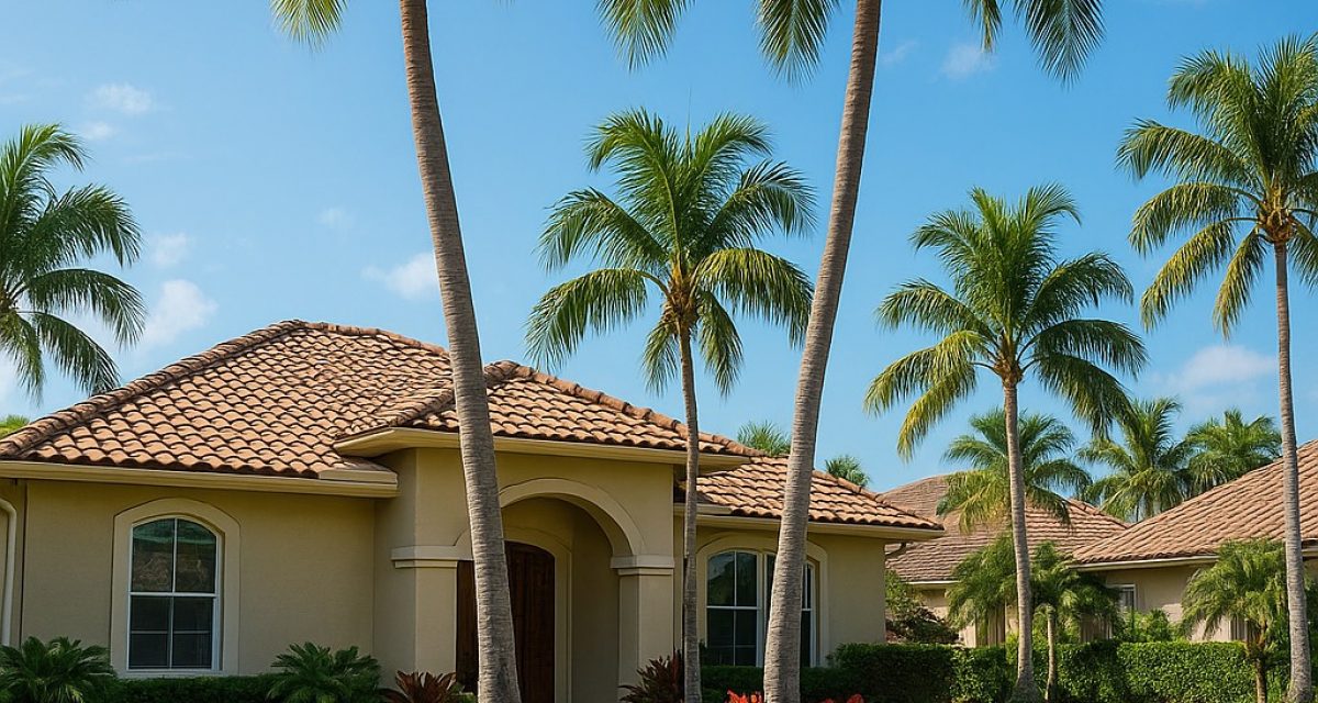 Beautifully landscaped front yard with palm trees, vibrant plants, and a curved paver walkway leading to a modern Florida-style home.